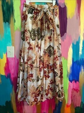 Floral Maxi Skirt with Tie Waist - Cream, Olive & Rust